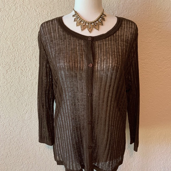 Jones New York Sweaters - Jones New York Brown Eyelet Lace Knit Cardigan Sweater Dressy Business Casual